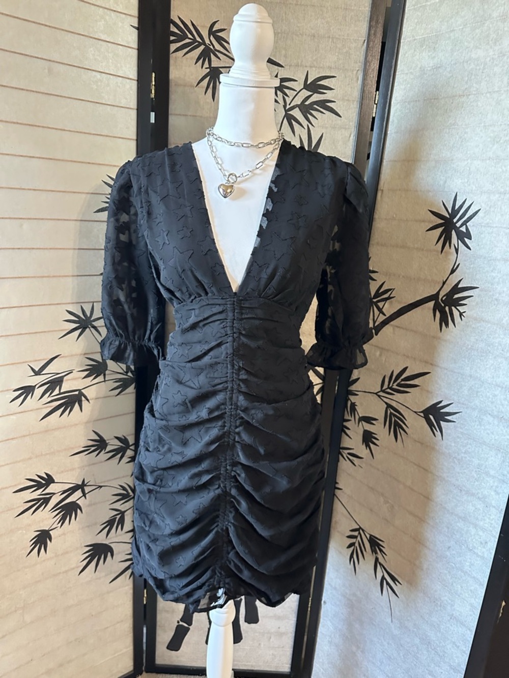 ASOS DESIGN Black Star Ruched Ruffle Dress Size 10